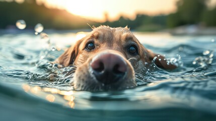 dog swimming in a lake, summer splash - obrazy, fototapety, plakaty