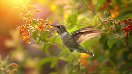 Obraz premium hummingbird sipping nectar, rapid motion, summer 