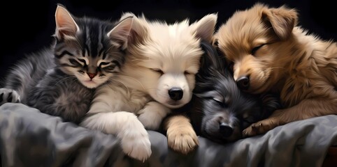 A group of pets lying in a bed on a black background, Generative AI illustrations.