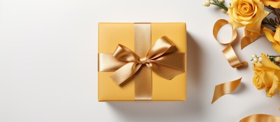 top view of person's hand unpacking gift box with yellow satin ribbon on isolated white background with empty space