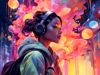 Beautiful african american girl lost in the music vibrant scene, dreamy mood, harmony of urban life and soulful tunes. Digital art. 