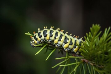 A caterpillar of a butterfly, Papilio machaon, on a plant in a forest on a sunny day. Generative AI