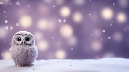 Obraz premium Serene Winter's Eve: Fluffy Owl Against Soft Bokeh Lights Poster or Sign with Open Empty Copy Space for Text 