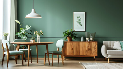 Mint color chairs at round wooden dining table in room with sofa and cabinet near green wall. Scandinavian, mid-century home interior design of modern living room - Powered by Adobe
