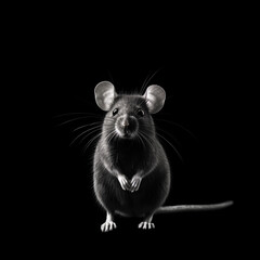 Portrait of a rat, mouse standing and looking at camera on black background with copy space for text. Chinese year of rat symbol, pest control concept