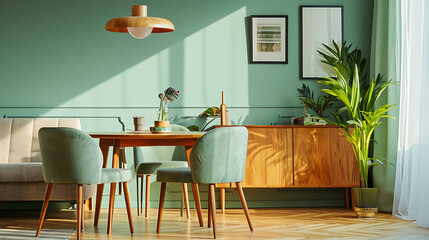 Mint color chairs at round wooden dining table in room with sofa and cabinet near green wall. Scandinavian, mid-century home interior design of modern living room