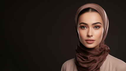 Portrait of a beautiful muslim woman model wearing hijab fashion style on dark background with copy space for text.