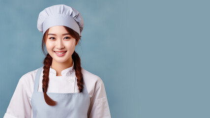 Asian woman in chef uniform smile isolated on pastel background