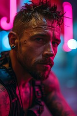 A portrait of a man with glowing red and pink neon lights. 
