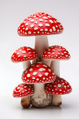 Cluster of poisonous mushrooms flying agaric on a white background, bright red and white design