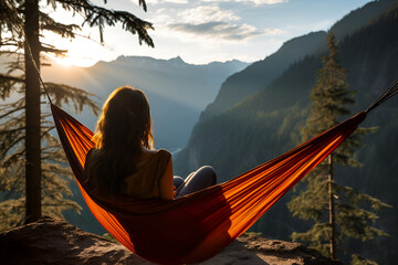 Woman enjoying sunset in the mountains lying in a red hammock, adventure concept - obrazy, fototapety, plakaty