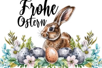 Fototapeta na wymiar illustration of a bunny, easter eggs and text Frohe Ostern