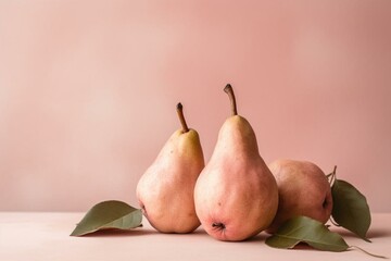 pears on a soft pink backdrop. Generative AI - obrazy, fototapety, plakaty