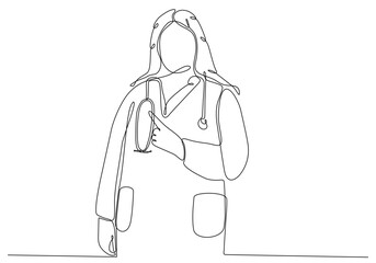 Continuous line drawing of female doctor with stethoscope. One line art of health care concept. Vector illustration.