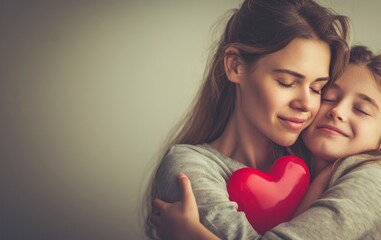 Mother and daughter embracing while holding a red heart, captured from a side view against a simple and clean background to focus on the embrace.
