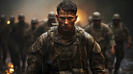 Portrait of a Soldier in a War Zone. Man in Battle