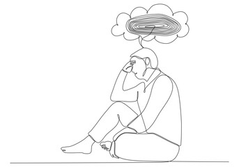 Continuous line drawing of young man feeling sad, and suffering from depression hand drawn vector illustration