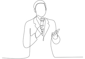 journalist man drawing a single line. Handsome male reporter holding microphone. Newscaster broadcasts news with a reporter. Modern continuous line drawing design vector graphic illustration