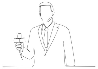 journalist man drawing a single line. Handsome male reporter holding microphone. Newscaster broadcasts news with a reporter. Modern continuous line drawing design vector graphic illustration