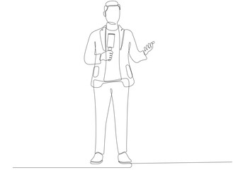 journalist man drawing a single line. Handsome male reporter holding microphone. Newscaster broadcasts news with a reporter. Modern continuous line drawing design vector graphic illustration