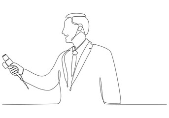 journalist man drawing a single line. Handsome male reporter holding microphone. Newscaster broadcasts news with a reporter. Modern continuous line drawing design vector graphic illustration