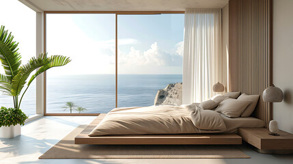 Bed with beige bedding against big panoramic window with sea view. Boho interior design of modern bedroom 