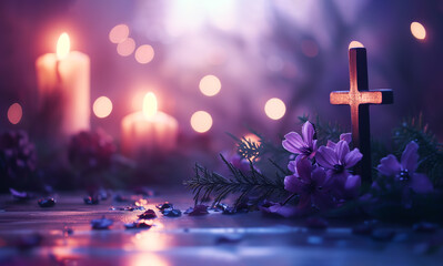 Blurred Background for Ash Wednesday, The first day of Lent. Greeting Postal Card. Wooden Cross, Light, Candles, Flowers, Purple Colors Faith and Jesus . AI Generated. Horizontal Space For Text - obrazy, fototapety, plakaty
