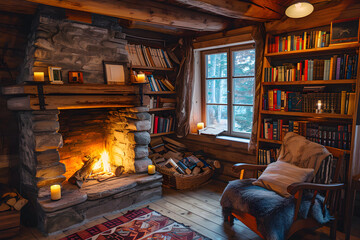 cozy cottage with library and rocking arm chair with fireplace  © Chich