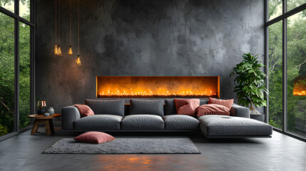 Modern Scandinavian Interior with Grey Couch and Pink Pillows with Fireplace 
