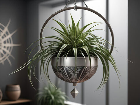 Modern Hanging Planter with Spider Plant - Tribal-inspired design with lunar halo and moonlight in high-resolution 8K Gen AI