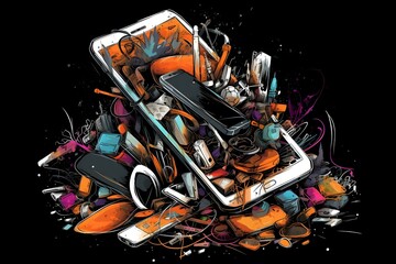Illustration of addiction of phones in the world and in a meaningful and powerful manner in ultra high details, High contrast and attractive colors