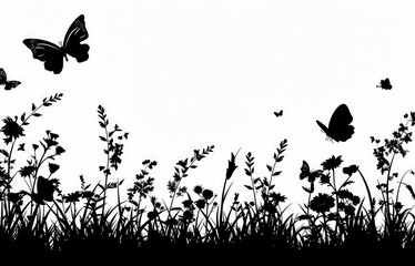 Black Silhouette of a meadow with flowers butterflies transparent on background. - obrazy, fototapety, plakaty