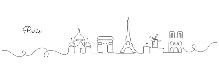 Continuous one line drawing of Paris skyline. French landmarks buildings and city architecture with Eiffel Tower in simple linear style. Editable stroke. Doodle outline vector illustration
