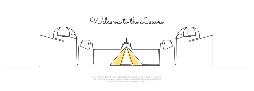 Continuous one line drawing of Louvre and glass pyramid. Famous historic building in Paris city in simple linear style. French landmark in editable stroke. Doodle outline vector illustration