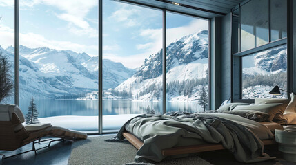 A bedroom with exquisite design and windows that open an exciting view of the snow lake and mounta