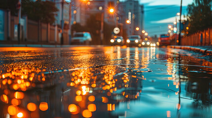 On the asphalt after the rain, the city landscape was reflected: lanterns, passing cars and the co