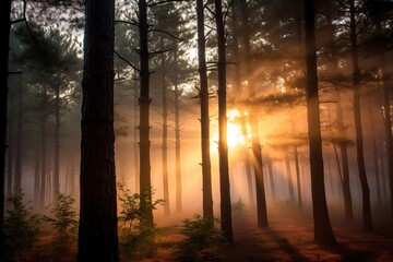 Fototapeta na wymiar Surreal Sunrise Forest Awakening to a Breathtaking Tapestry of Colors