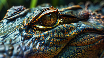 The eye of a crocodile, expressing cunning and ruthlessness, like the adamant test of tropical swa - obrazy, fototapety, plakaty