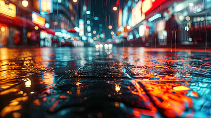 Wet asphalt, which reflects bright advertising signs, creates a hypnotizing city landscape - obrazy, fototapety, plakaty