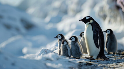 Winter worries Penguins of the flock support their kids in the cold