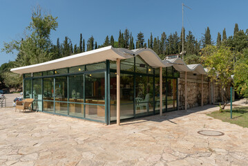 Fototapeta na wymiar The visitor center where you pay and can buy water, snacks and souvineers at Bet She`arim National Park in Kiryat Tivon, Israel. 
