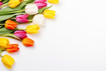 Frame of multicolored tulips on white background