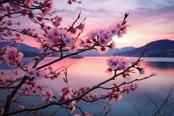 Spring flowers on branches with sunset over mountain lake
