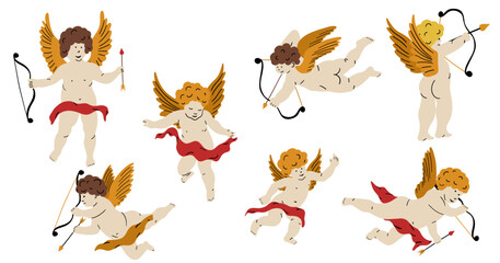 Cupid with bow and arrow. Valentine day collection. Hand drawn cartoon cute elements in retro vintage style. Amur Boy or god eros. Love flying angel Valentine’s Day vector illustration.