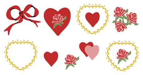 Valentine day collection. Hand drawn cartoon cute elements in retro vintage style. Hearts, bow ribbon and flower set. Simple shape, rose flowers, traditional Valentine’s Day vector illustration. - obrazy, fototapety, plakaty