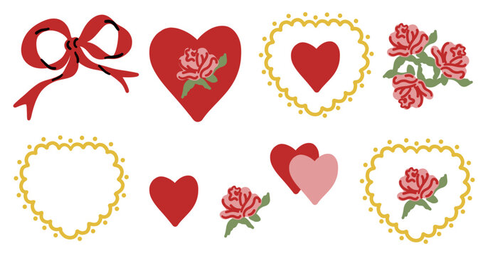 Valentine day collection. Hand drawn cartoon cute elements in retro vintage style. Hearts, bow ribbon and flower set. Simple shape, rose flowers, traditional Valentine’s Day vector illustration.