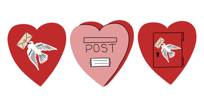 Valentine day collection. Hand drawn cartoon cute elements in retro vintage style. Hearts in mailbox or postbox shape set. Mail post box with bird and love letter. Valentine’s Day vector illustration.