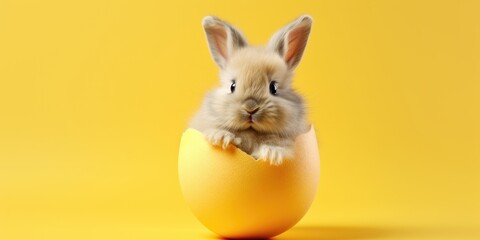 Bunny hatching from Easter egg on yellow background.