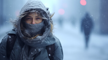 Fototapeta na wymiar A woman wearing a scarf on a snowy day