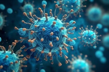 Fototapeta na wymiar 3D render of a medical with virus cells bacteria. Multiple realistic coronavirus particles floating